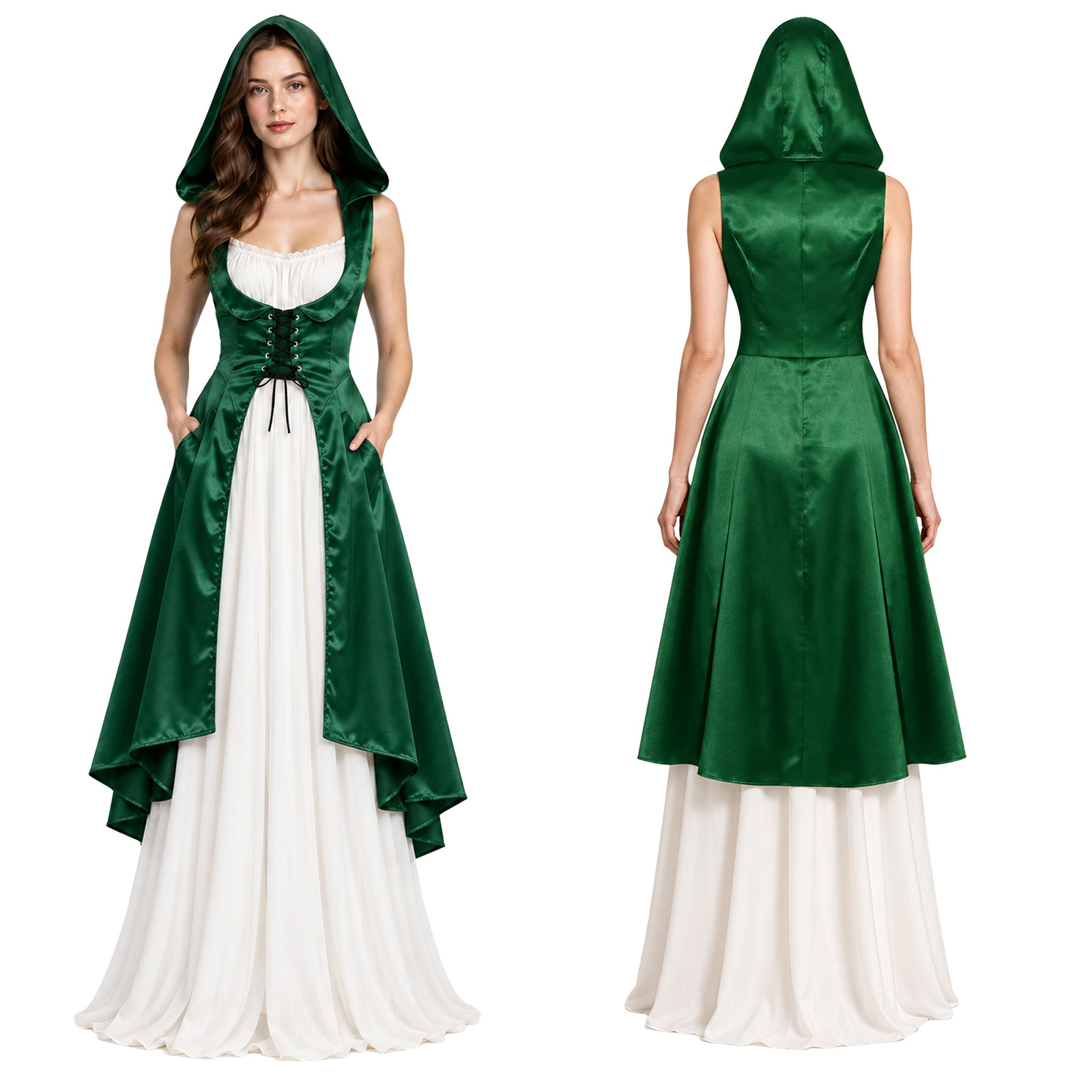 Dresses - ชุดเดรสผ้าซาตินมีฮู้ดใต้หน้าอก ชายกระโปรงสูงต่ำ ผ่าข้าง ผูกเชือก สไตล์ยุคกลาง ยุคฟื้นฟูศิลปวิทยา