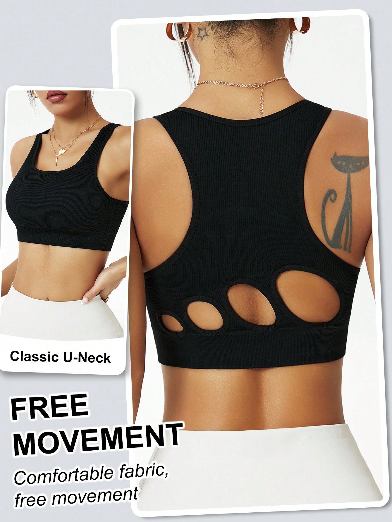 Seamless Ribbed Workout Tank Top - บราสปอร์ตไร้ตะเข็บสำหรับผู้หญิง ดีไซน์เว้าหลังแบบเรเซอร์แบ็ค บราโยคะแบบมีฟองน้ำ คอรูปตัวยู เสื้อครอปสำหรับออกกำลังกาย ชุดออกกำลังกายสีดำ