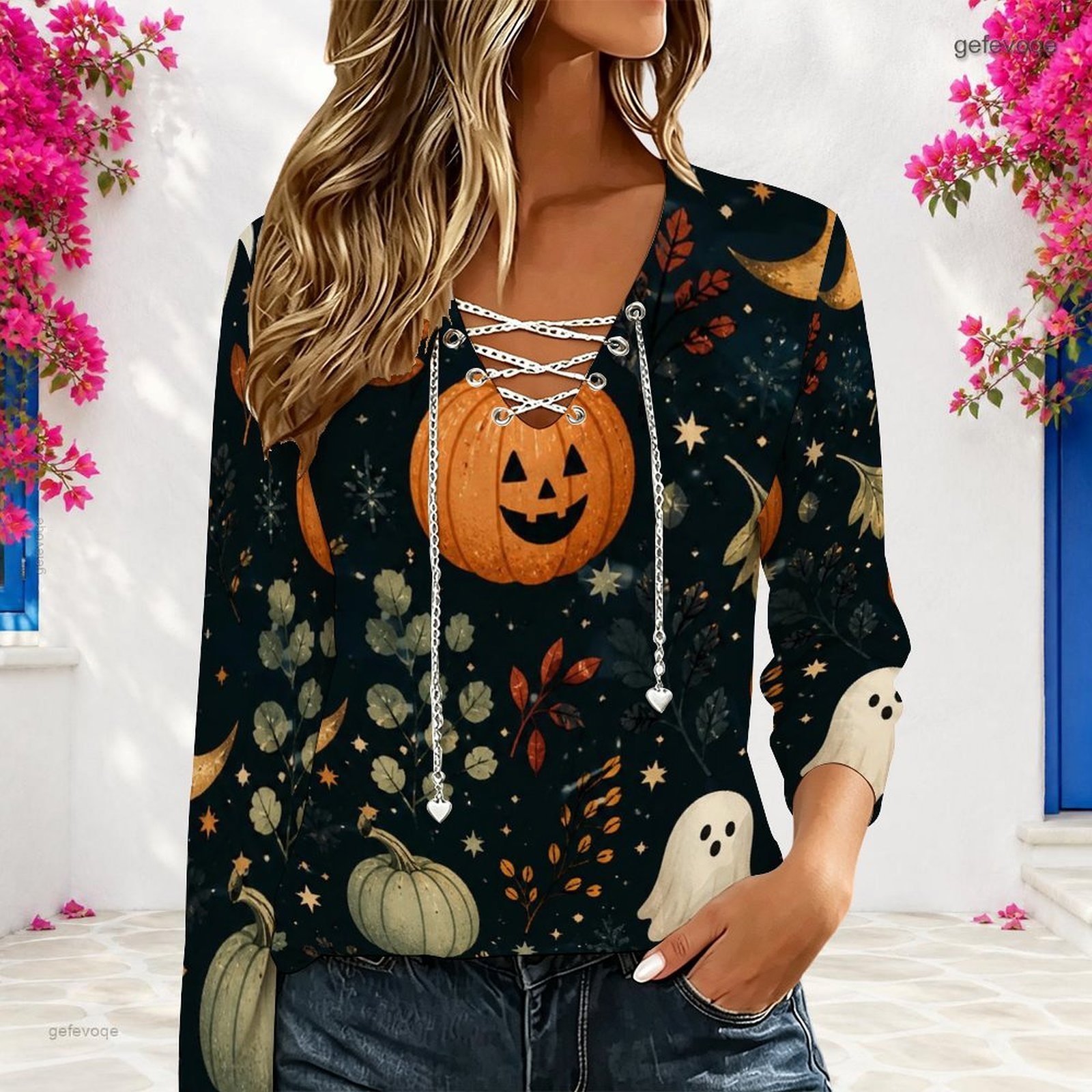 Blouses - เสื้อผู้หญิงคอวีแขนยาว พร้อมสายโซ่โลหะไขว้ ผูกเชือกแบบคริสครอส ดีไซน์เว้าช่วงตัว ทรงหลวมสบายๆ เสื้อเบลาส์ลำลอง