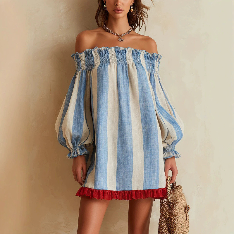 Off Shoulder Puff Sleeve Sundress - เดรสผู้หญิงเปิดไหล่ปี 2026 สีฟ้า-เบจ ลายทาง แขนยาวพอง ชายกระโปรงระบาย