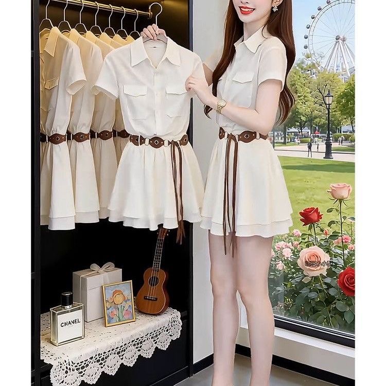 Korean Style A Line Shirt Dress - ชุดเดรสเสื้อเชิ้ตแขนสั้นสไตล์เกาหลี กระโปรงทรงเอ สวยสง่า ดูอ่อนเยาว์ สำหรับผู้หญิง สไตล์ลำลอง