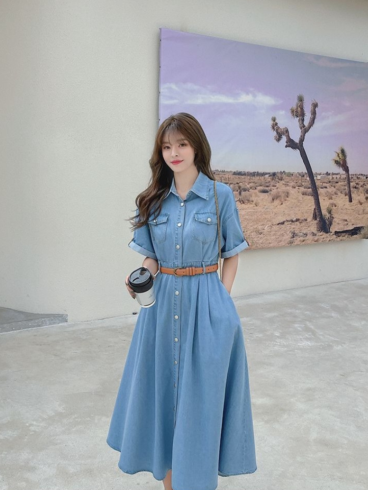 Korean Style A Line Shirt Dress - เดรสยีนส์ผู้หญิง 2026 ฤดูร้อน สไตล์เกาหลีใหม่ ความยาวคลุมเข่า ทรงเอ