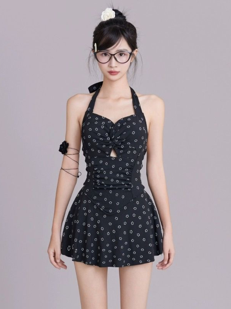 Skirts - ชุดว่ายน้ำวันพีซแบบผูกคอสำหรับผู้หญิง กระโปรงทรงบอยเลก ช่วยเก็บหน้าท้อง กระชับสัดส่วน ยกกระชับ สำหรับแช่น้ำพุร้อน