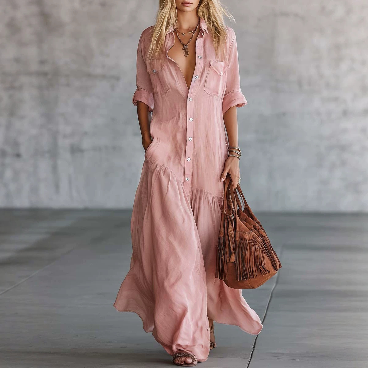 Casual Loose Linen Shirt Dress - ชุดเดรสเชิ้ตผ้าฝ้ายลินินสำหรับผู้หญิงฤดูร้อนปี 2026 แขนยาว ติดกระดุม ทรงหลวม มีกระเป๋า