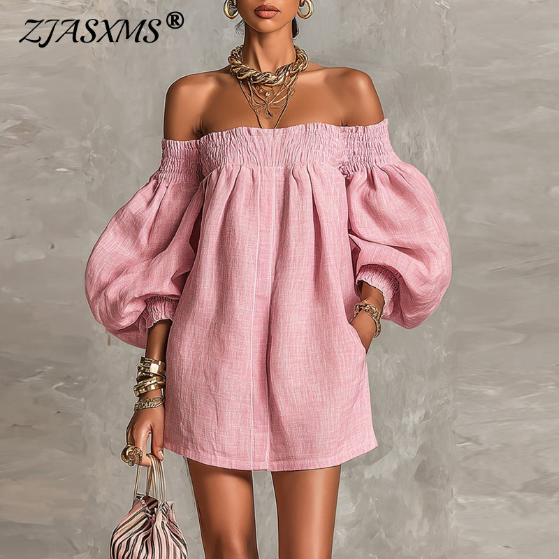 Off Shoulder Puff Sleeve Sundress - 2026 ฤดูร้อนใหม่ชุดมินิเดรสแขนพองแบบเปิดไหล่สตรีลำลองหลวมๆทรงเอชุดเดรสสั้นชายหาดปาร์ตี้วันหยุดชุดเดรส