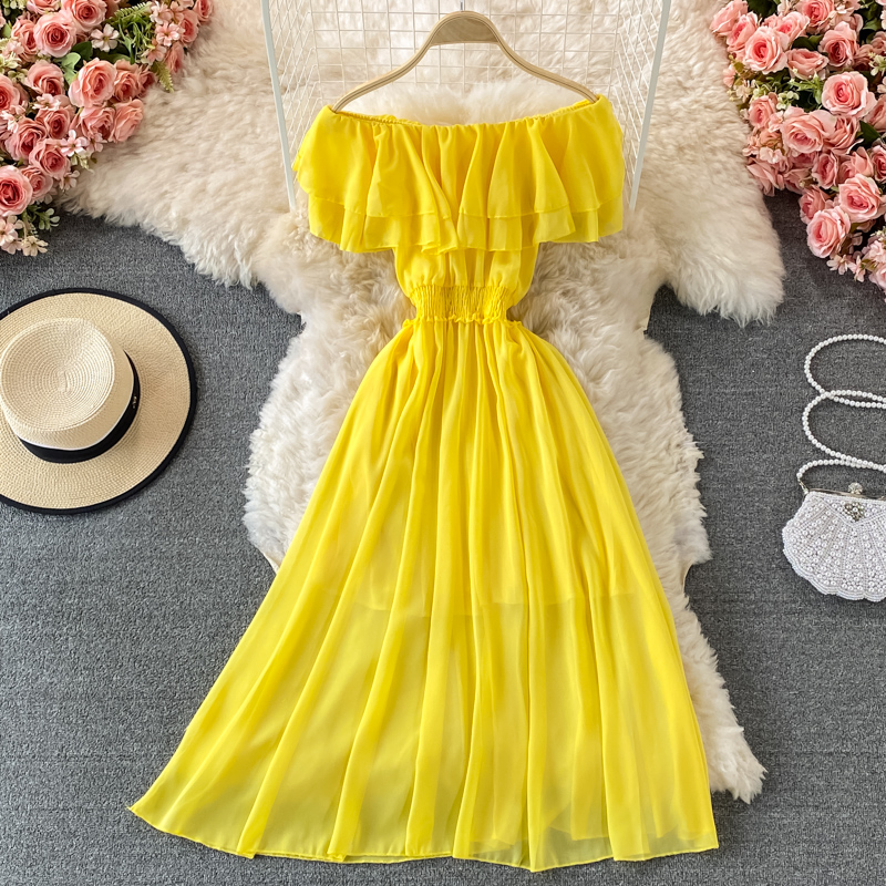 Off Shoulder Puff Sleeve Sundress - ชุดเดรสว่ายน้ำสีเหลืองทึบของผู้หญิงสำหรับเด็กผู้หญิงชุดเดรสแขนพองเปิดไหล่เซ็กซี่ผ้าชีฟองมีจีบสไตล์โบฮีเมียนฤดูร้อน