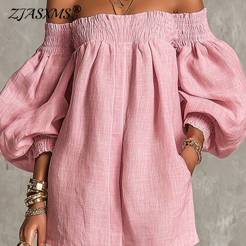 Off Shoulder Puff Sleeve Sundress - เดรสผู้หญิงแบบเรียบ ไหล่เดี่ยว แขนยาวพอง แต่งสม็อคช่วงอก ทรงเอไลน์ มินิเดรสลำลอง