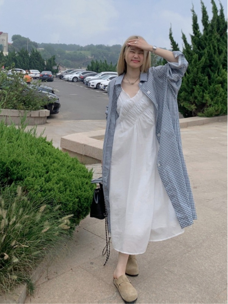 Korean Style A Line Shirt Dress - ชุดเซ็ตไซส์ใหญ่สไตล์ลำลอง เสื้อคลุมยาวทรงสลิม คอวี สายเดี่ยว ชุดเดรสทรงเอ เอวสูง