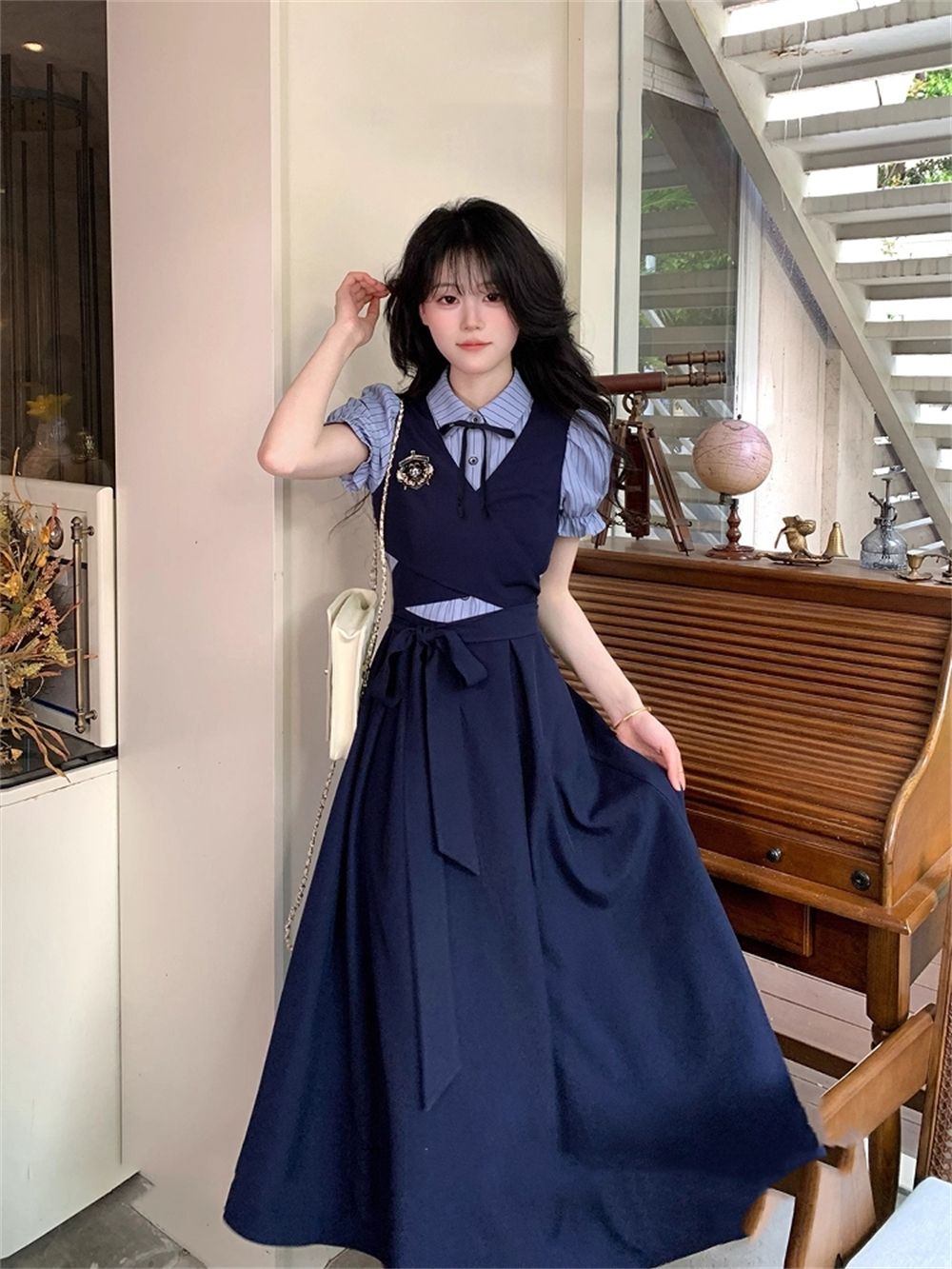 Korean Style A Line Shirt Dress - ชุดฤดูร้อนแบบลำลอง เสื้อเชิ้ตลายสก๊อตแบบ JK ตัดต่อชุดเดรสทรงเอเอวสูง แขนสั้น สไตล์เกาหลี