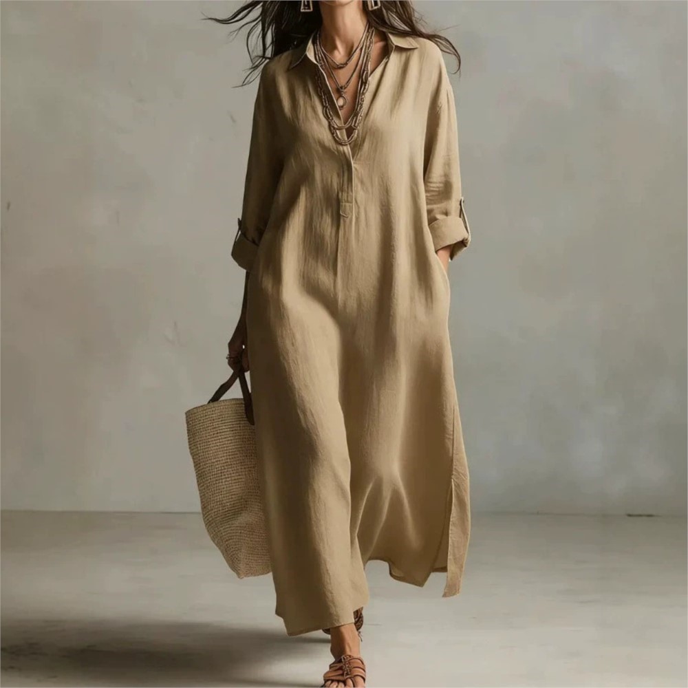 Casual Loose Linen Shirt Dress - เดรสเชิ้ตผ้าลินินวินเทจสำหรับผู้หญิง ปกคอปกติดกระดุม แขนยาว ทรงหลวม มีกระเป๋าข้าง ชายกระโปรงผ่า