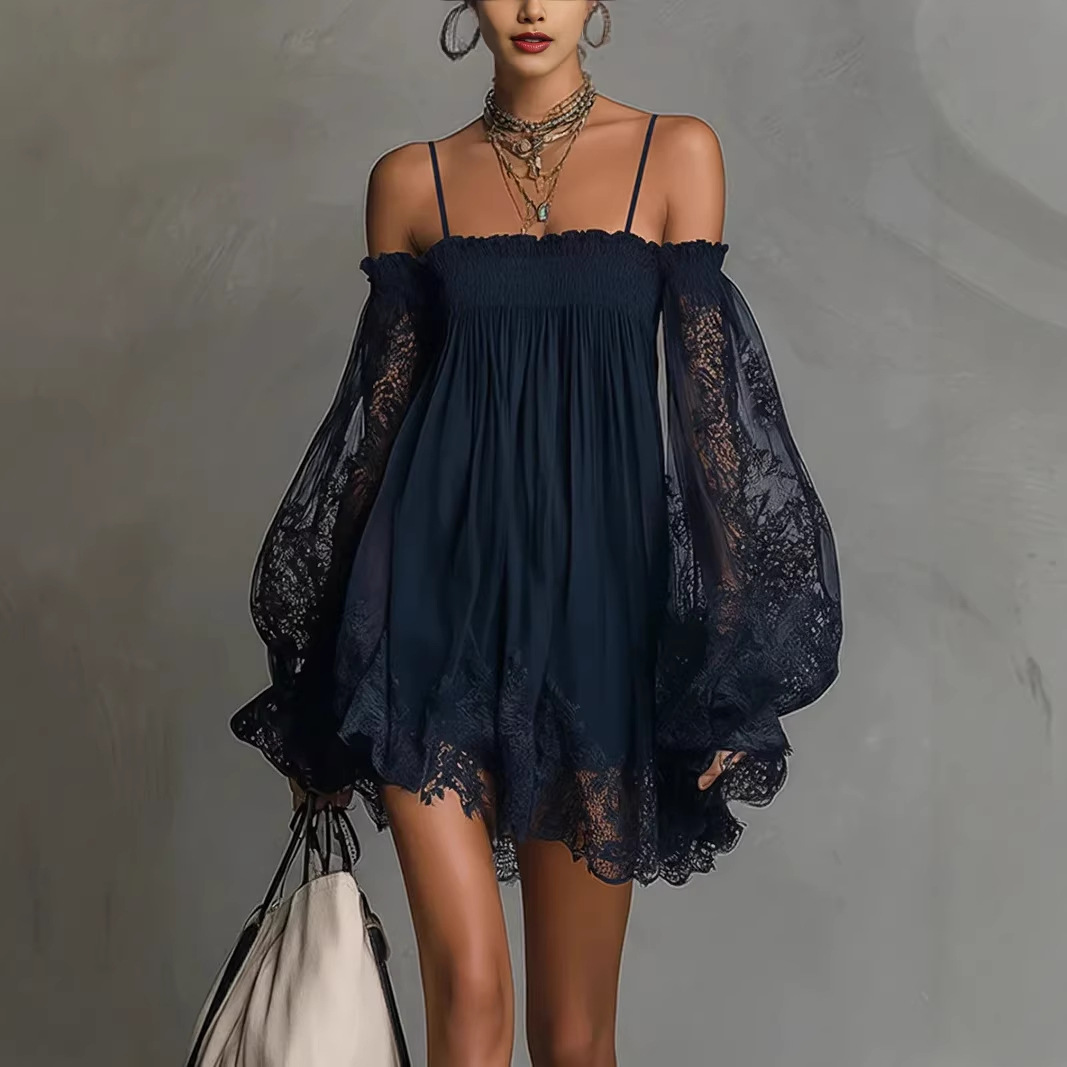 Off Shoulder Puff Sleeve Sundress - เดรสสั้นลูกไม้เปิดไหล่ สายเดี่ยว แขนพองโปร่ง ผ้าพลิ้ว แต่งลูกไม้ สไตล์โบฮีเมียน