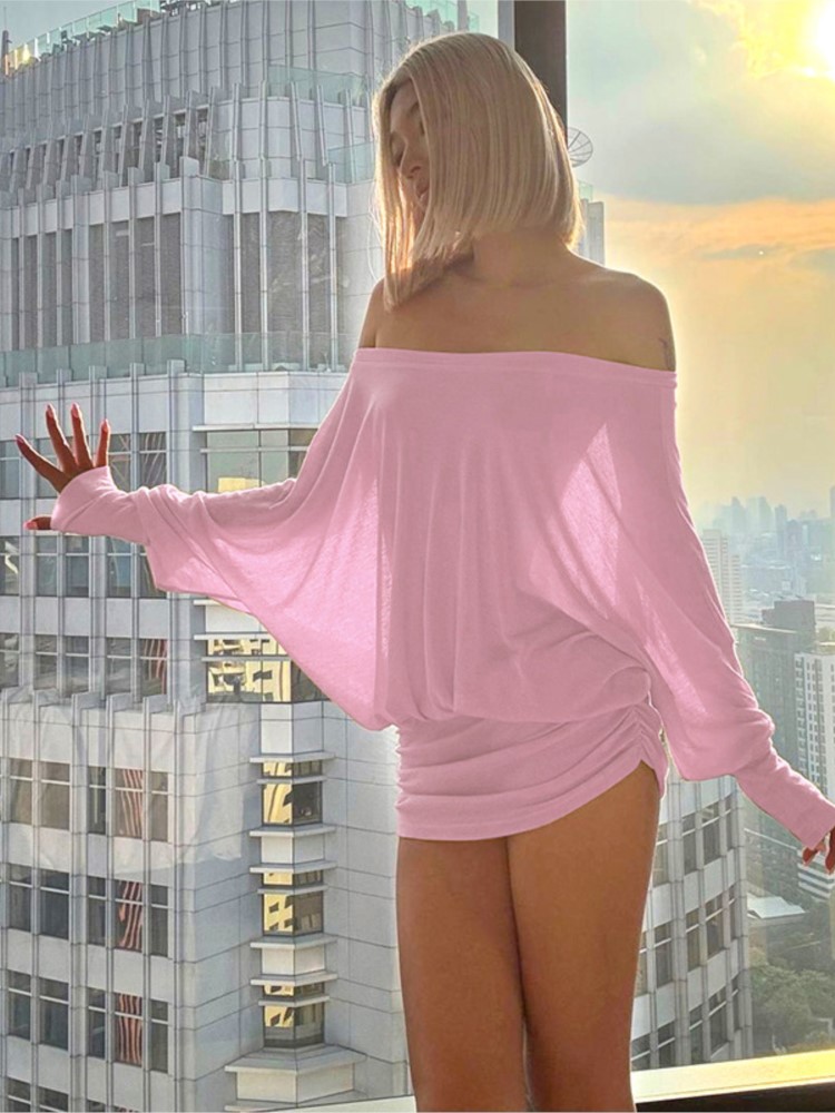 Sexy Mesh Sheer Bodycon Dress - ชุดเดรสสั้นเปิดไหล่ผ้าซีทรูแฟชั่นใหม่สำหรับผู้หญิง ชุดเดรสปาร์ตี้แขนยาวรัดรูปเซ็กซี่สุดฮอต ชุดเดรสเรียบหรู