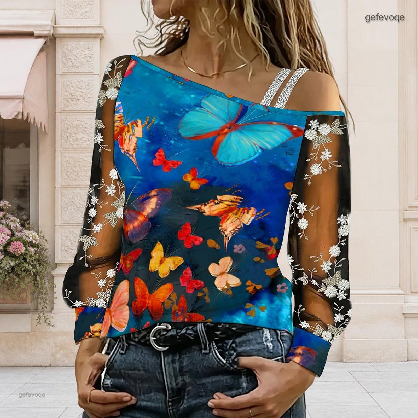 Blouses - เสื้อผู้หญิงเปิดไหล่ ทรงไม่สมมาตร ไหล่เดียว แต่งลูกไม้ลายดอกไม้ ผ้าตาข่าย แขนยาว