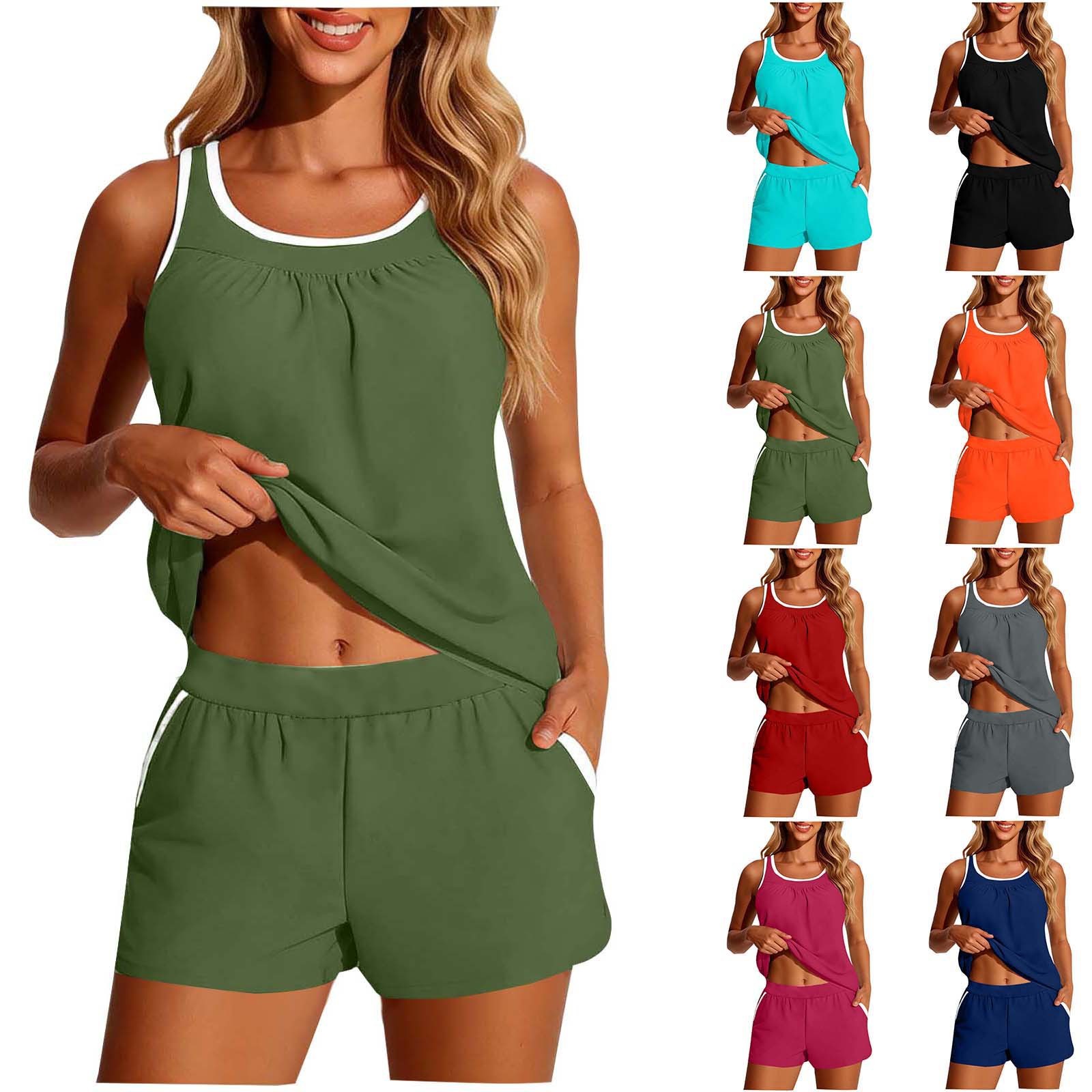 Tops - ชุดว่ายน้ำผู้หญิง 2 ชิ้น เสื้อครอปแขนกุด สีพื้น ชุดว่ายน้ำทูพีซ
