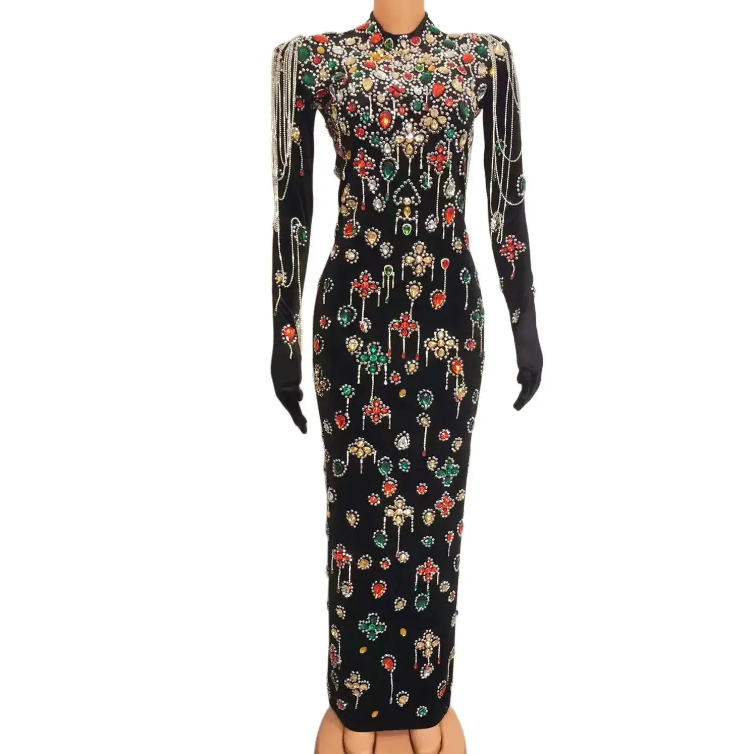 Dresses - ชุดเดรสปาร์ตี้เย็นกับถุงมือวันเกิดฉลองชุดนักร้องชุดการแสดงชุดเดรสเต้นรำผู้หญิงชุดคริสตัลเซ็กซี่ sparkly