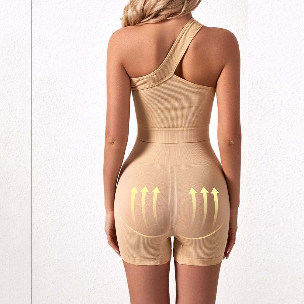 Seamless Ribbed Workout Tank Top - ชุดออกกำลังกายผู้หญิงแบบลำลอง 2 ชิ้น ผ้าไร้รอยต่อ แบบรัดรูป สายเดี่ยวข้างเดียว