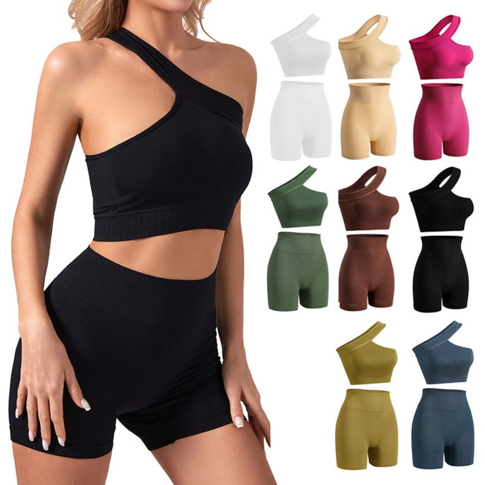 Seamless Ribbed Workout Tank Top - ชุดออกกำลังกายผู้หญิงแบบไร้รอยต่อ 2 ชิ้น สไตล์ลำลอง ผ้าร่อง ไหล่เดียว