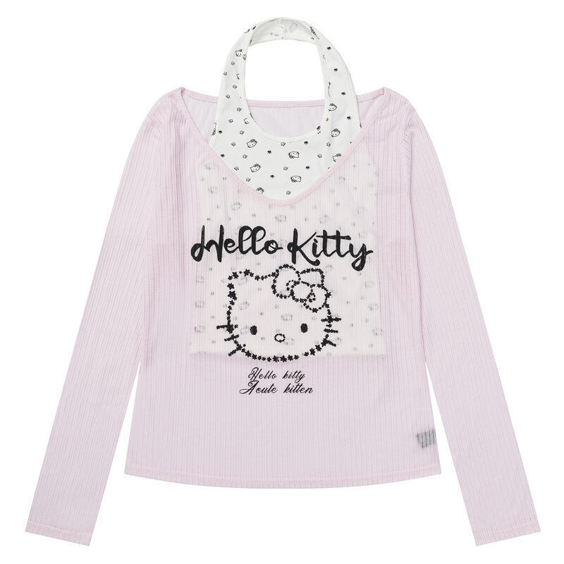 Blouses - เสื้อกล้ามคอ halter แขนยาวลายเฮลโล คิตตี้ เสื้อยืดผู้หญิง ฤดูใบไม้ผลิ