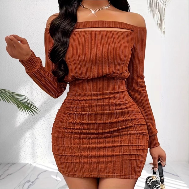 Bodycon Long Sleeve Ribbed Dress - ชุดเดรสแฟชั่นผู้หญิง ฤดูใบไม้ผลิ ฤดูใบไม้ร่วง ดีไซน์หรูหรา เปิดไหล่ ผ้าริบ