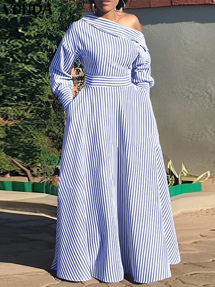 Off Shoulder Puff Sleeve Sundress - VONDA 2024 ผู้หญิงElegantลายMaxiชุดBohemian Sundressลําลองหลวมปิดไหล่แขนยาวพรรคVestidos Robe Femme