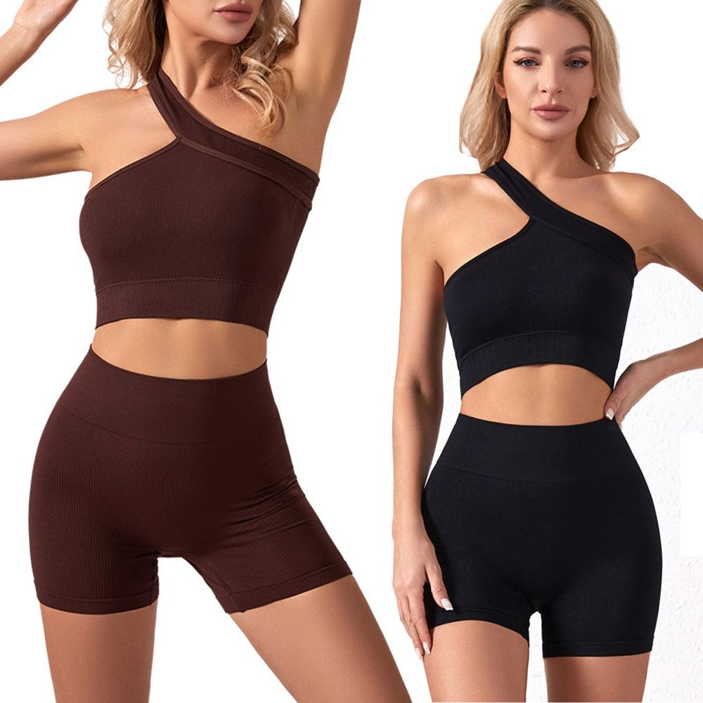 Seamless Ribbed Workout Tank Top - ชุดออกกำลังกายผู้หญิงแบบไร้ตะเข็บ 2 ชิ้น เอวสูง ผ้าริบ ชุดแอคทีฟแวร์
