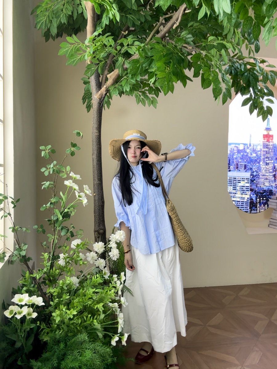Korean Style A Line Shirt Dress - เสื้อแขนฟองสีฟ้าสำหรับผู้หญิงไซส์ใหญ่และชุดกระโปรงเอวสูง ชุดเดรสทรงเอ คอกลม สไตล์เกาหลี แฟชั่นฤดูร้อน ช่วยให้ดูผอมเพรียว