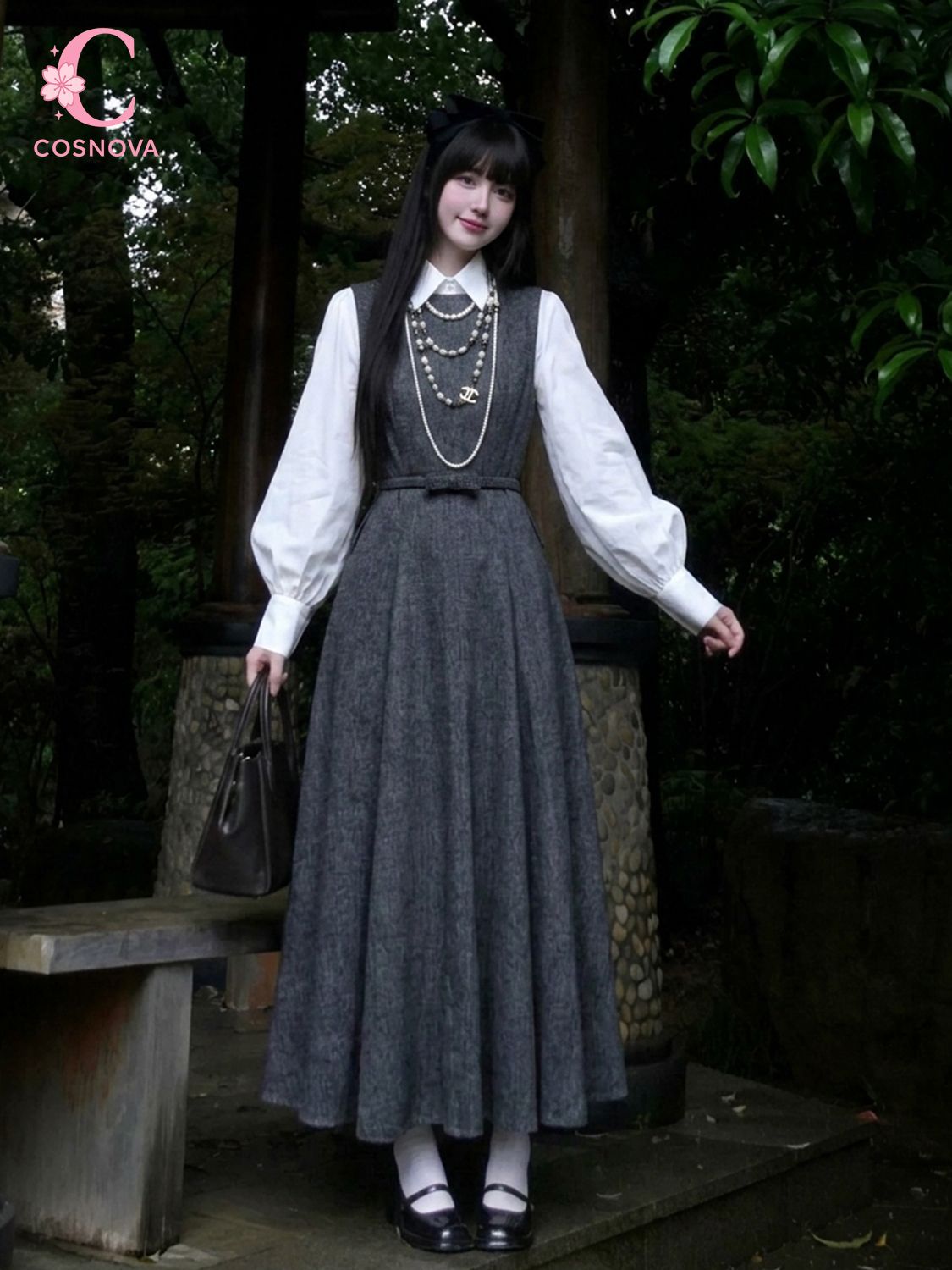 Korean Style A Line Shirt Dress - ชุดเดรส 2 ชิ้นสไตล์เฮปเบิร์นเกาหลีสำหรับผู้หญิง เสื้อเชิ้ตแขนกระบอกสีขาว เอวจีบเข้ารูป เดรสยาวแขนกุด