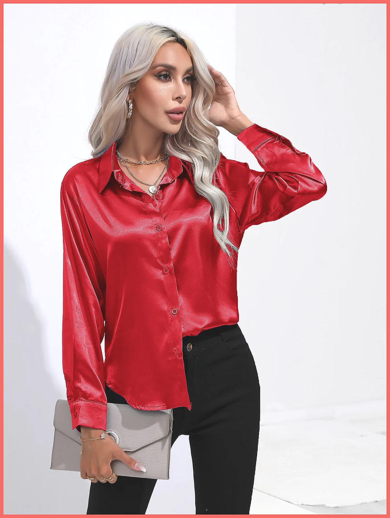 Blouses - เสื้อเชิ้ตผ้าซาตินสำหรับผู้หญิง คอลเลคชั่นฤดูใบไม้ผลิ/ฤดูร้อน ปี 2025 คอวี แขนยาว