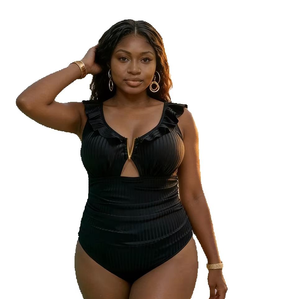 Swimwear - ชุดว่ายน้ำวันพีซสำหรับผู้หญิงไซส์ใหญ่ ผ้าริบเนื้อเงา สีพื้น แต่งระบาย คอวีลึก ตัดเย็บแบบเซ็กซี่