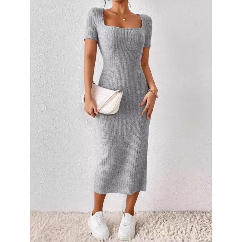 Bodycon Long Sleeve Ribbed Dress - ชุดเดรสไหมพรมถักลายริบสไตล์วินเทจสำหรับผู้หญิง, ชุดเดรสเข้ารูปคอเหลี่ยมแขนยาว, แต่งขอบสีตัดกันทรงเข้ารูปสำหรับงานกลางคืน
