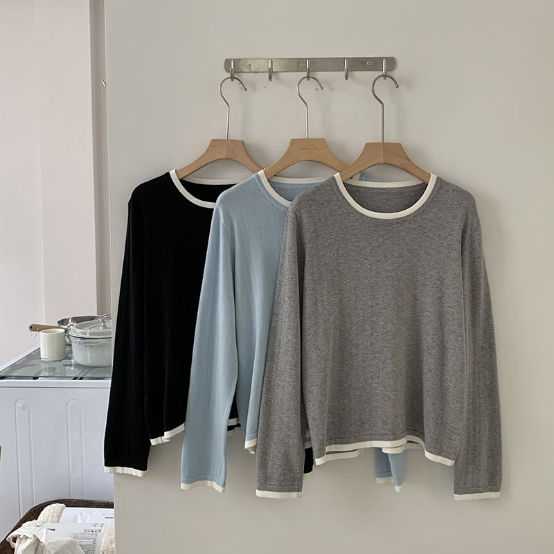 Blouses - เสื้อผู้หญิงคอโอ แขนยาว ผ้าฝ้าย 100% ดีไซน์สีตัดกัน ไซส์ใหญ่