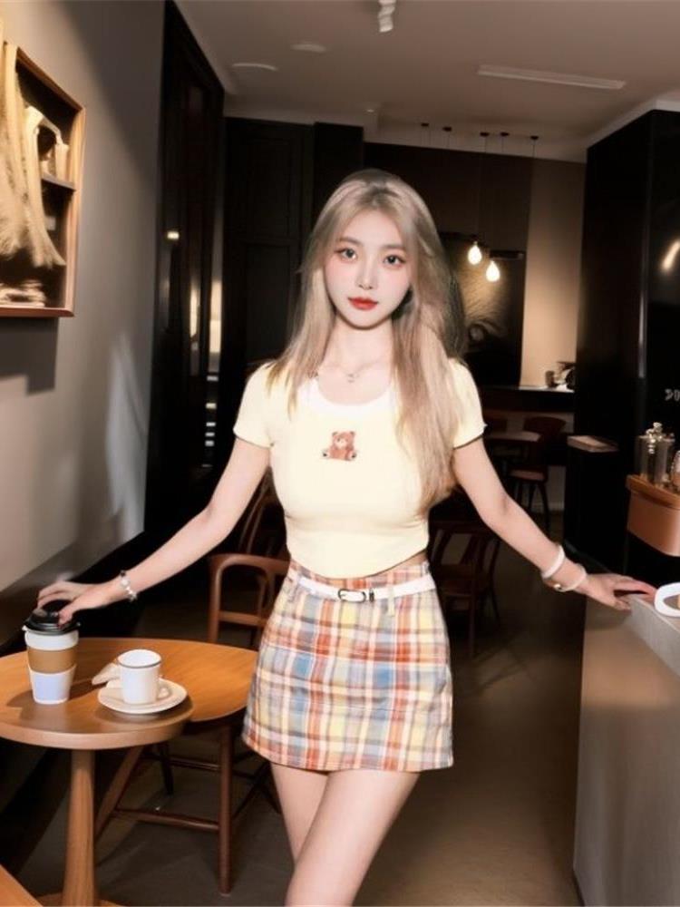 Skirts - Sweet Cool Bear 2026 ชุดเซ็ตกระโปรงครึ่งตัวเอวสูงทรงสลิมสีรุ้ง สไตล์ใหม่สำหรับฤดูร้อน