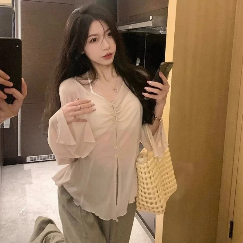 Blouses - เสื้อเชิ้ตแขนบานโปร่ง - เสื้อเชิ้ตจีบสไตล์ฮาราจูกุ Y2K แฟรี่สวีทสำหรับผู้หญิง