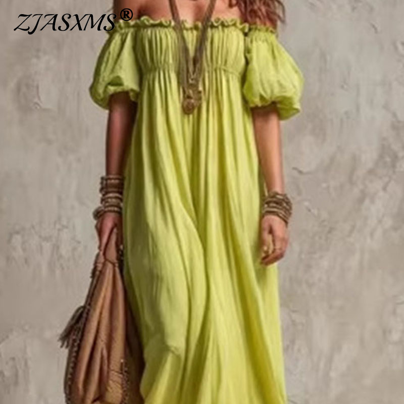 Off Shoulder Puff Sleeve Sundress - เดรสยาวลำลองสำหรับผู้หญิง เอวยางยืด แฟชั่นช่วงวันหยุด ตกแต่งระบาย จับจีบ แขนพองทรงหลวม