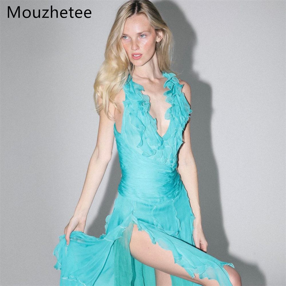 Elegant Satin Evening Gown Split - มูเจตี้ เดรสทรงเอ คอวี ผ่าข้าง ชุดราตรี ชุดออกงานสำหรับผู้หญิง