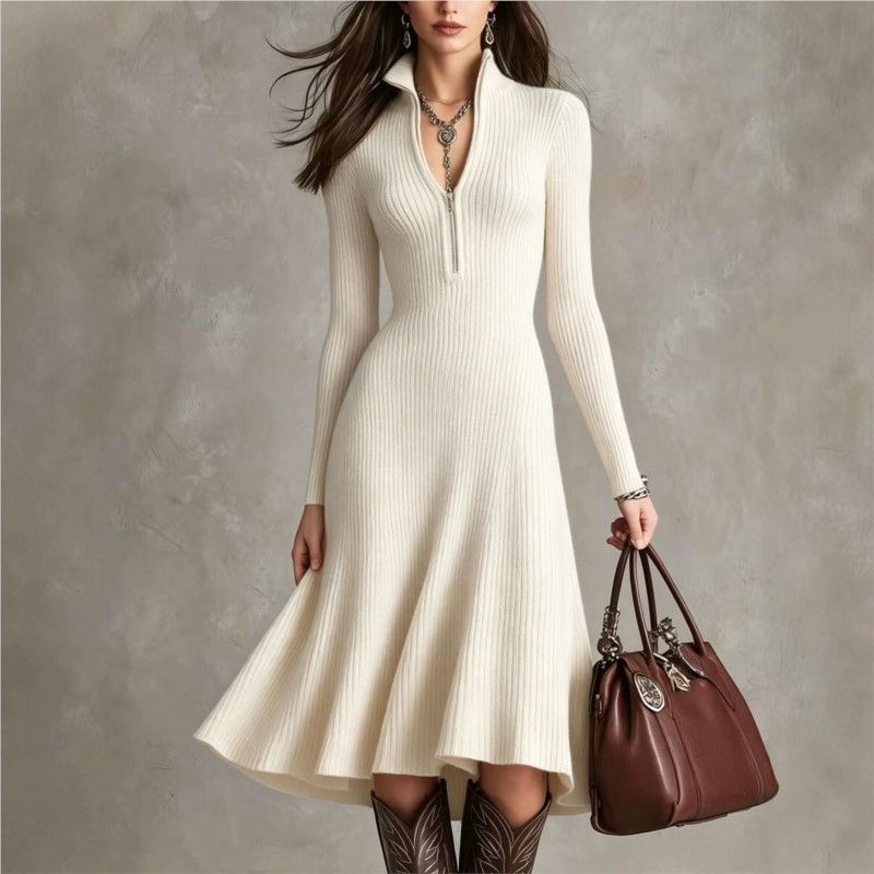 Bodycon Long Sleeve Ribbed Dress - เดรสไหมพรมถักลายริบสำหรับผู้หญิง ความยาวระดับกลาง แฟชั่นฤดูใบไม้ร่วงและฤดูหนาว คอตั้ง ซิปครึ่งตัว แขนยาว