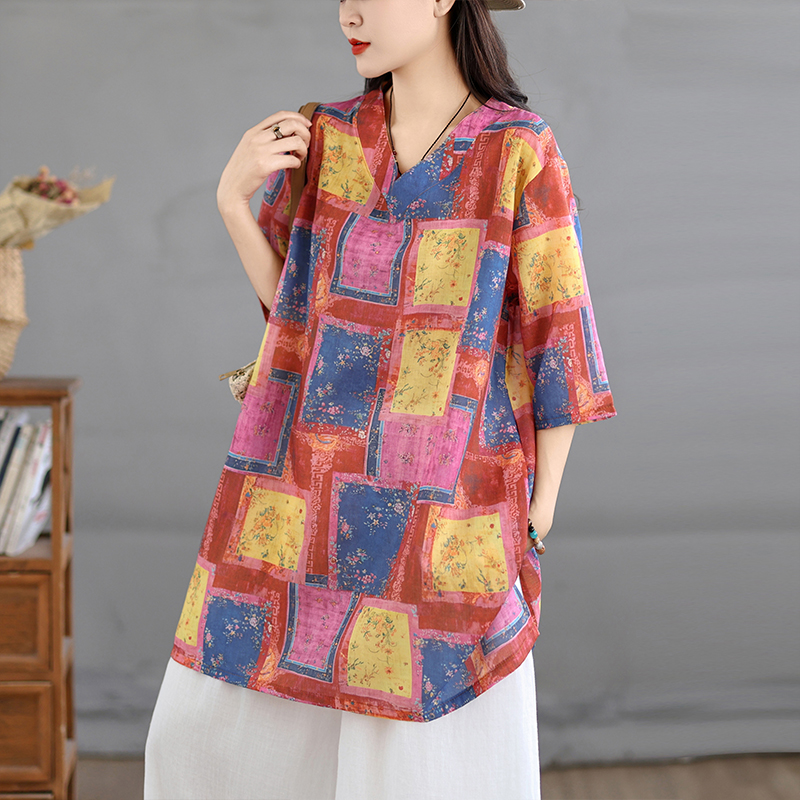 Casual Loose Linen Shirt Dress - เสื้อเชิ้ตผ้าฝ้ายลินินพิมพ์ลายสไตล์เรโทร คอวีทรงหลวม ความยาวปานกลาง ดีไซน์ศิลปะ ชุดเดรสเสื้อเชิ้ต คอลเลคชั่นใหม่