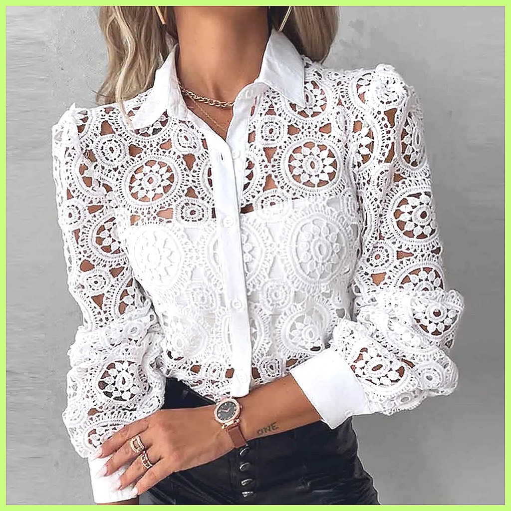 Blouses - เสื้อลูกไม้สีขาวสำหรับผู้หญิงปี 2025 เสื้อวินเทจแขนยาวแบบโปร่งลายฉลุสุดหรู