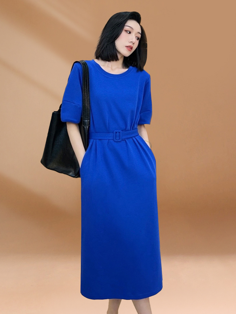 Korean Style A Line Shirt Dress - เดรสยาวทรงเอไลน์สไตล์เกาหลีสำหรับผู้หญิง สี Klein Blue ดีไซน์เข้ารูปช่วงเอว ช่วยให้ดูเพรียวบาง