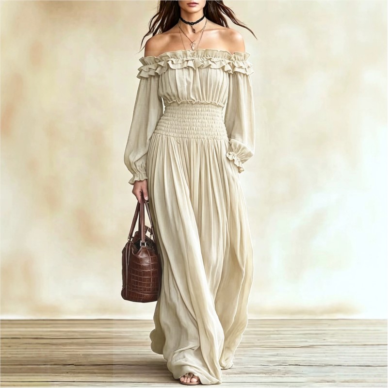 Off Shoulder Puff Sleeve Sundress - เดรสยาวผู้หญิงแบบเปิดไหล่พร้อมระบาย แขนยาวทรงโคมเอวสม็อค สไตล์โบฮีเมียน เดรสยาวพลิ้วไหวสำหรับวันพักผ่อนริมชายหาด