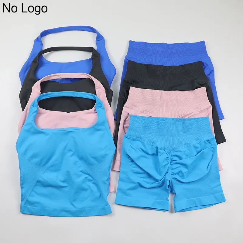 Seamless Ribbed Workout Tank Top - ชุดโยคะไร้รอยต่อสำหรับผู้หญิง เสื้อกล้ามแบบผูกคอเปิดหลัง กางเกงขาสั้นเอวสูงแบบร่อง ชุด 2 ชิ้น