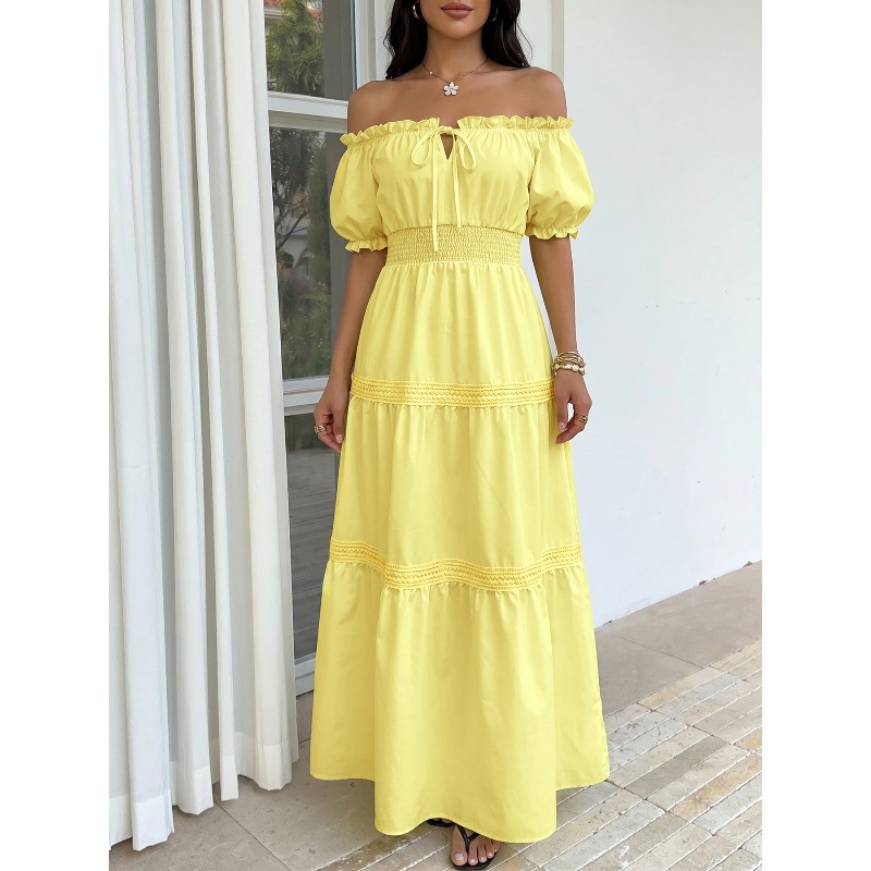 Off Shoulder Puff Sleeve Sundress - เดรสยาวทรงเอ สไตล์โบฮีเมียนสำหรับฤดูร้อน สีเหลือง เปิดไหล่ คอร์เซ็ท แขนพองหวานๆ