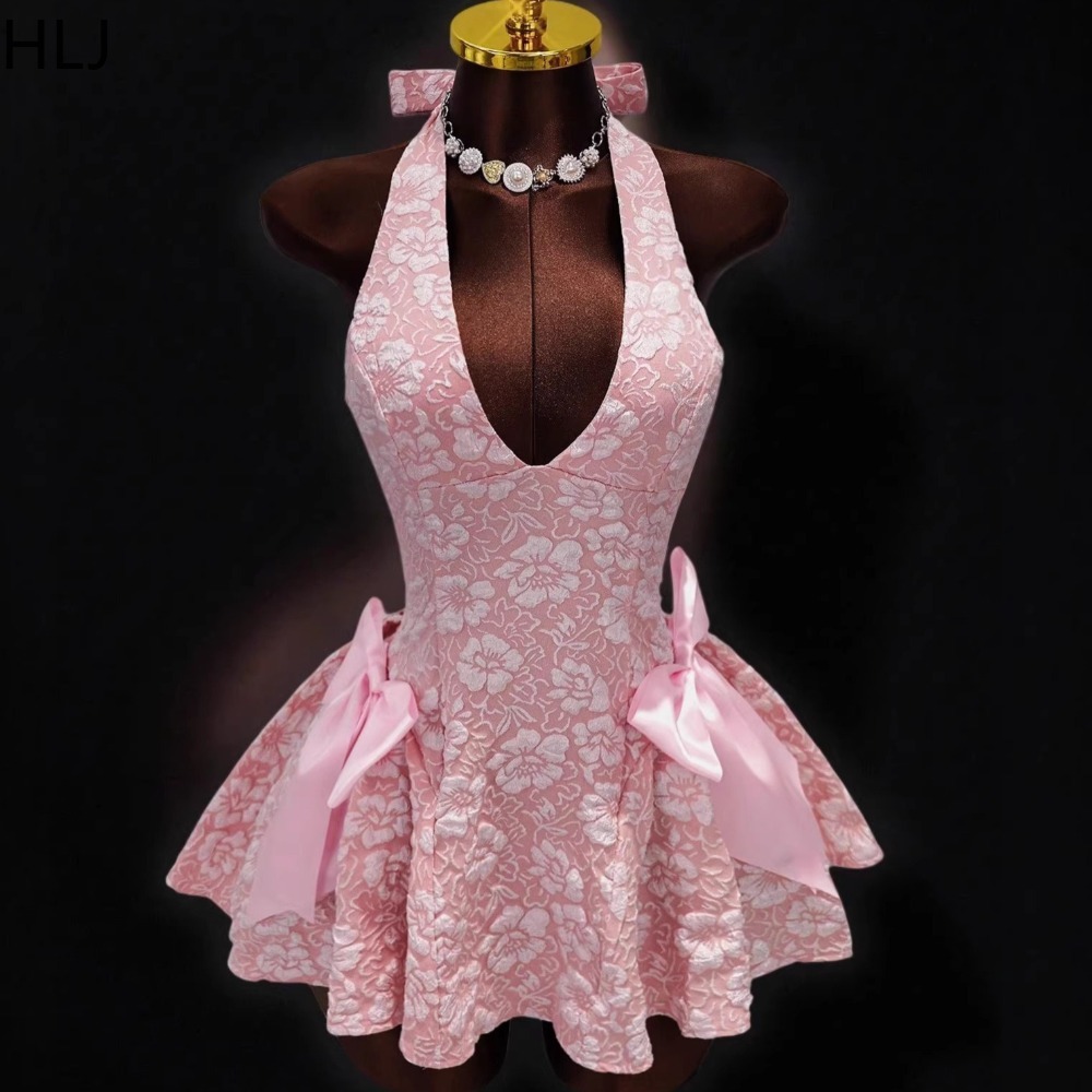 Y2K Backless Halter Mini Dress - HLJ Y2K เซ็กซี่แจ็คการ์ด แพทช์เวิร์ค บอดี้คอนเดรสผู้หญิง คอวีลึก