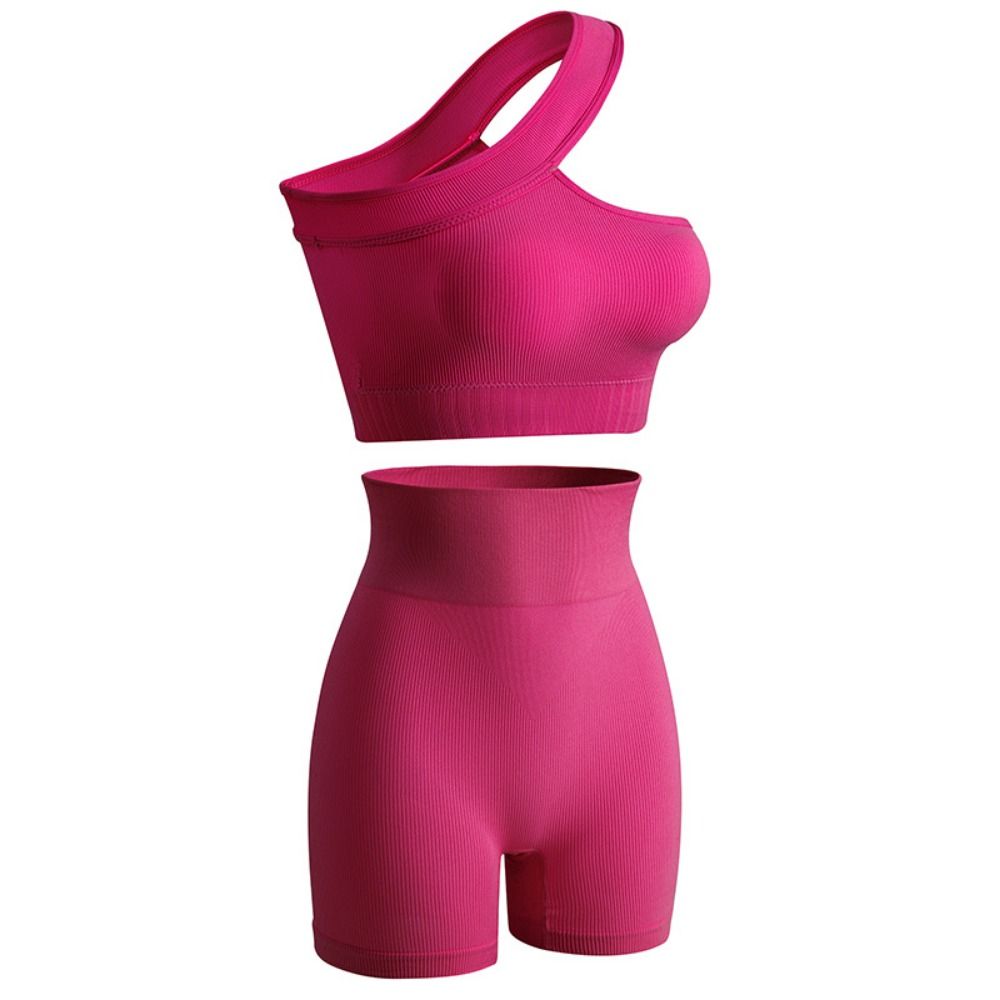 Seamless Ribbed Workout Tank Top - ชุดออกกำลังกายผู้หญิงแบบไร้ตะเข็บ 2 ชิ้น เอวสูง เสื้อกล้ามรัดรูปไหล่เดียว ชุดวอร์มสำหรับสาวๆ