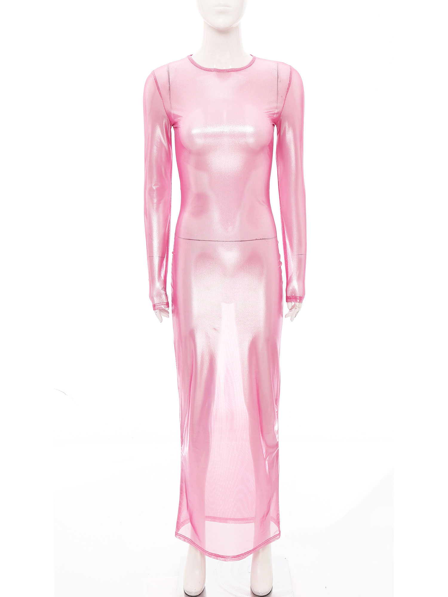 Sexy Mesh Sheer Bodycon Dress - สตรี SHINY METALLIC SHEER ชุดยาวดูผ่านแขนยาว Maxi