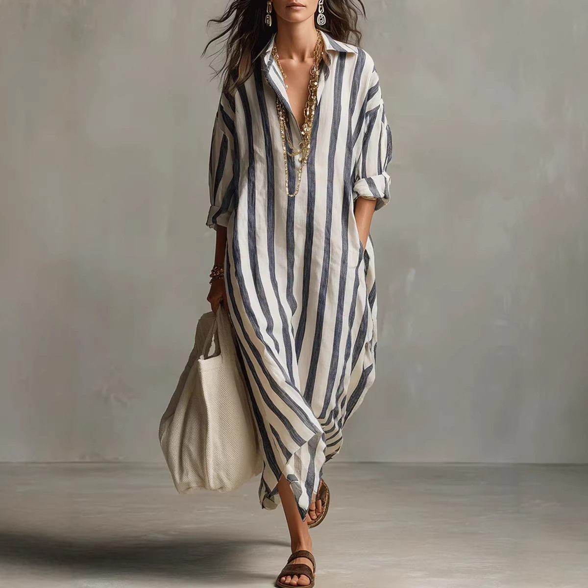 Casual Loose Linen Shirt Dress - เดรสเชิ้ตผ้าลินินลายทาง คอปกพับได้ สไตล์ลำลอง แฟชั่นฤดูร้อน ทรงหลวม มีกระเป๋า