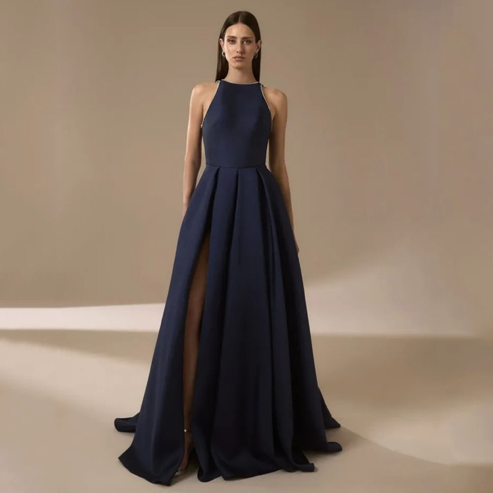 Elegant Satin Evening Gown Split - น้ําเงินซาตินชุดราตรีสําหรับผู้หญิง 2025 ประดับด้วยลูกปัด O คอ Elegant