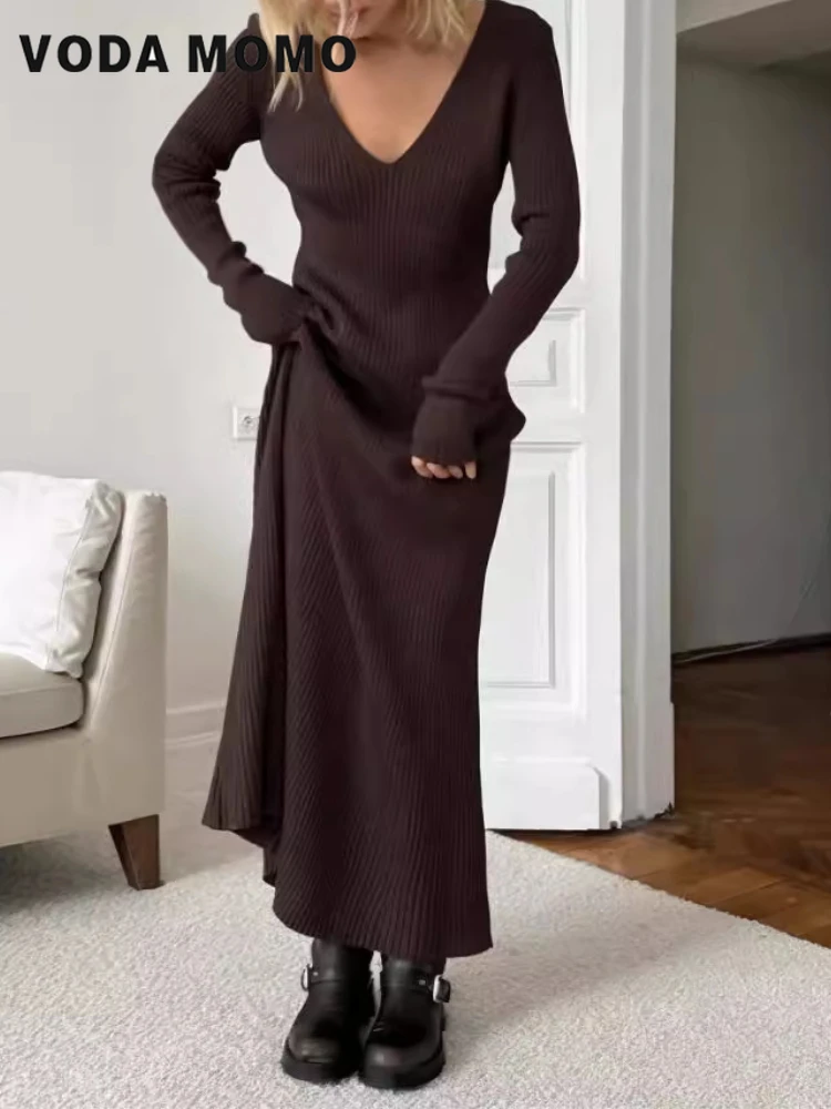 Bodycon Long Sleeve Ribbed Dress - แขนยาวอเนกประสงค์Bodycon Maxi Dresses Retroสํานักงานสุภาพสตรีเสื้อคลุมฤดูหนาวVคอElegant Ribbedชุดถักผู้หญิงฤดูใบไม้ร่วง