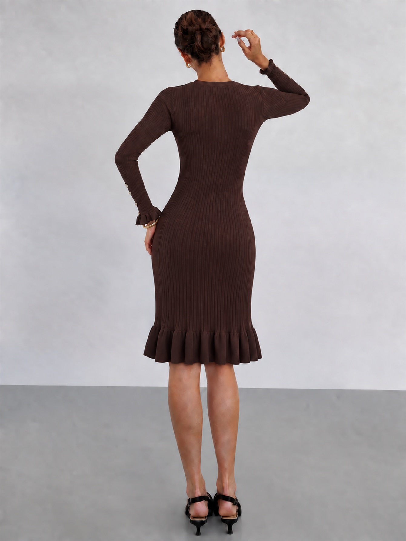 ชุดเดรสถักทรงเข้ารูปสุดหรูสำหร - Bodycon Long Sleeve Ribbed Dress บทวิจารณ์และราคา