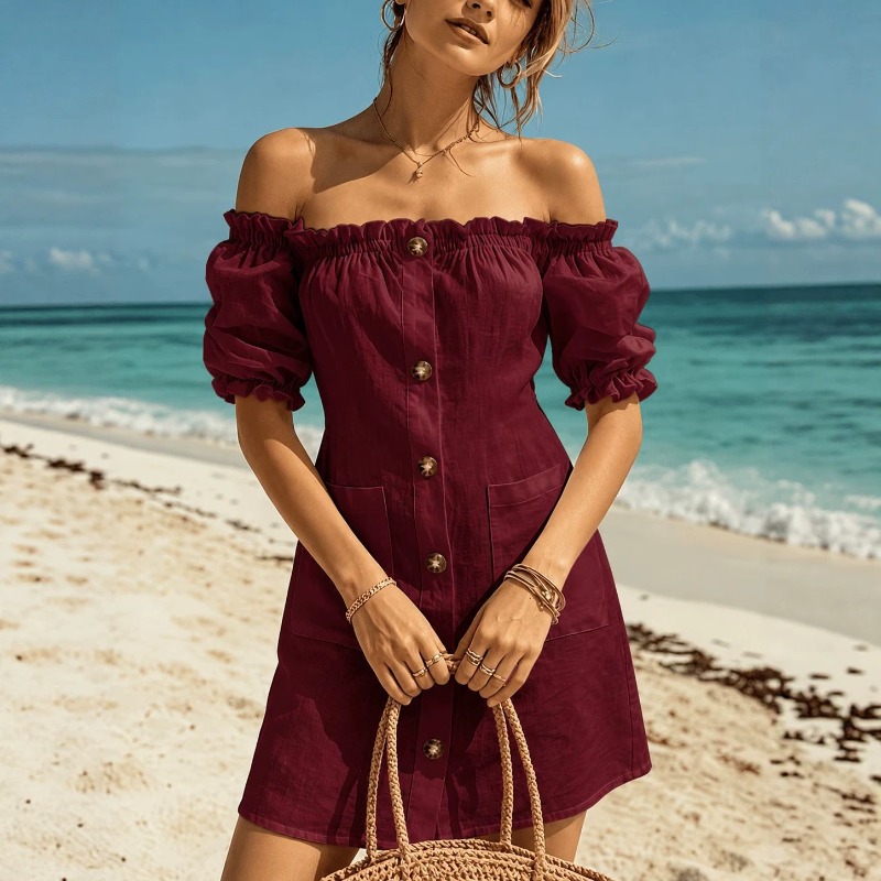 เดรสสั้นเปิดไหล่สำหรับผู้หญิง  - Off Shoulder Puff Sleeve Sundress บทวิจารณ์และราคา